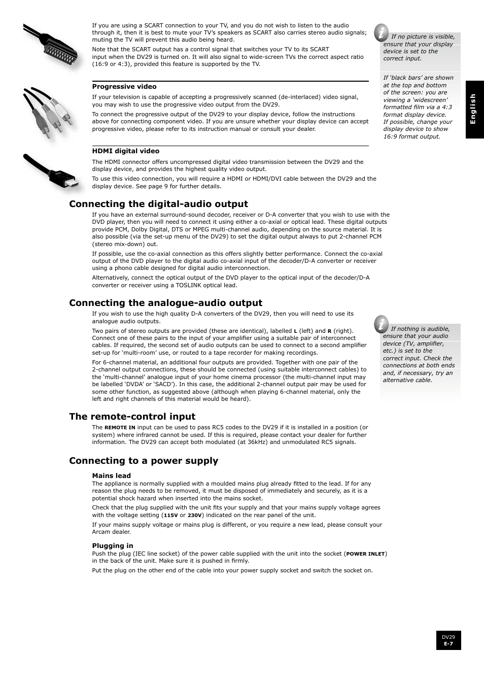 Connecting the digital-audio output, Connecting the analogue-audio output, The remote-control input | Connecting to a power supply | Arcam DV29 User Manual | Page 7 / 42