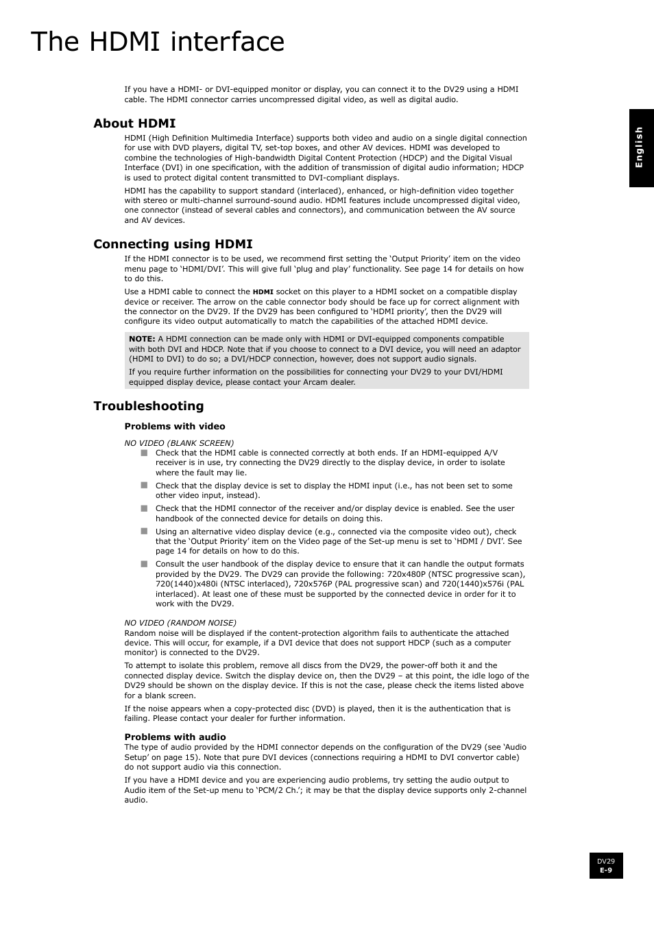 The hdmi interface, About hdmi, Connecting using hdmi | Troubleshooting | Arcam DV29 User Manual | Page 9 / 42