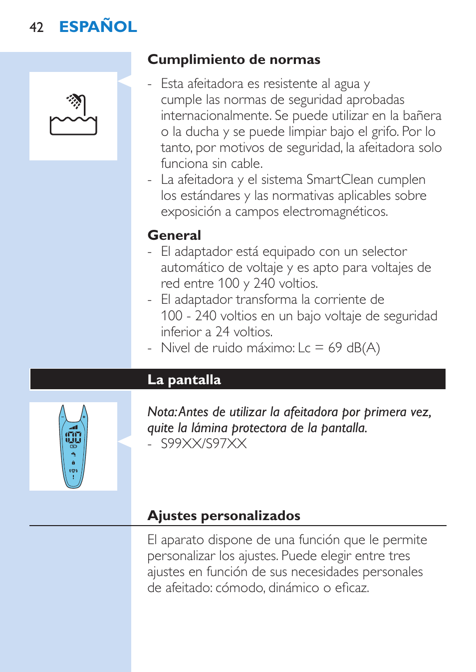 Philips SHAVER Series 9000 Rasoir électrique rasage à sec ou sous l'eau User Manual | Page 42 / 216