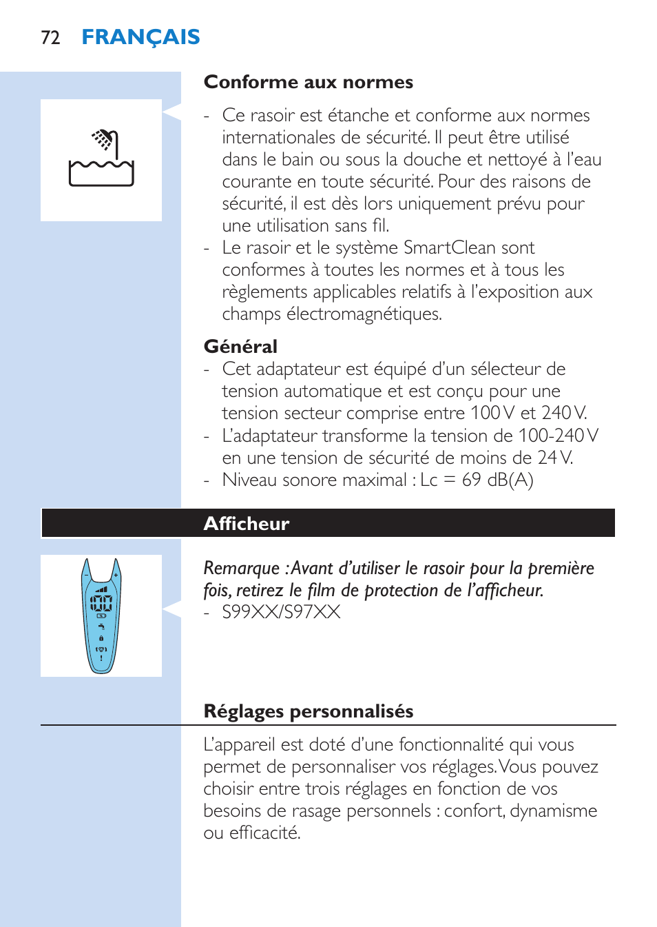 Philips SHAVER Series 9000 Rasoir électrique rasage à sec ou sous l'eau User Manual | Page 72 / 216