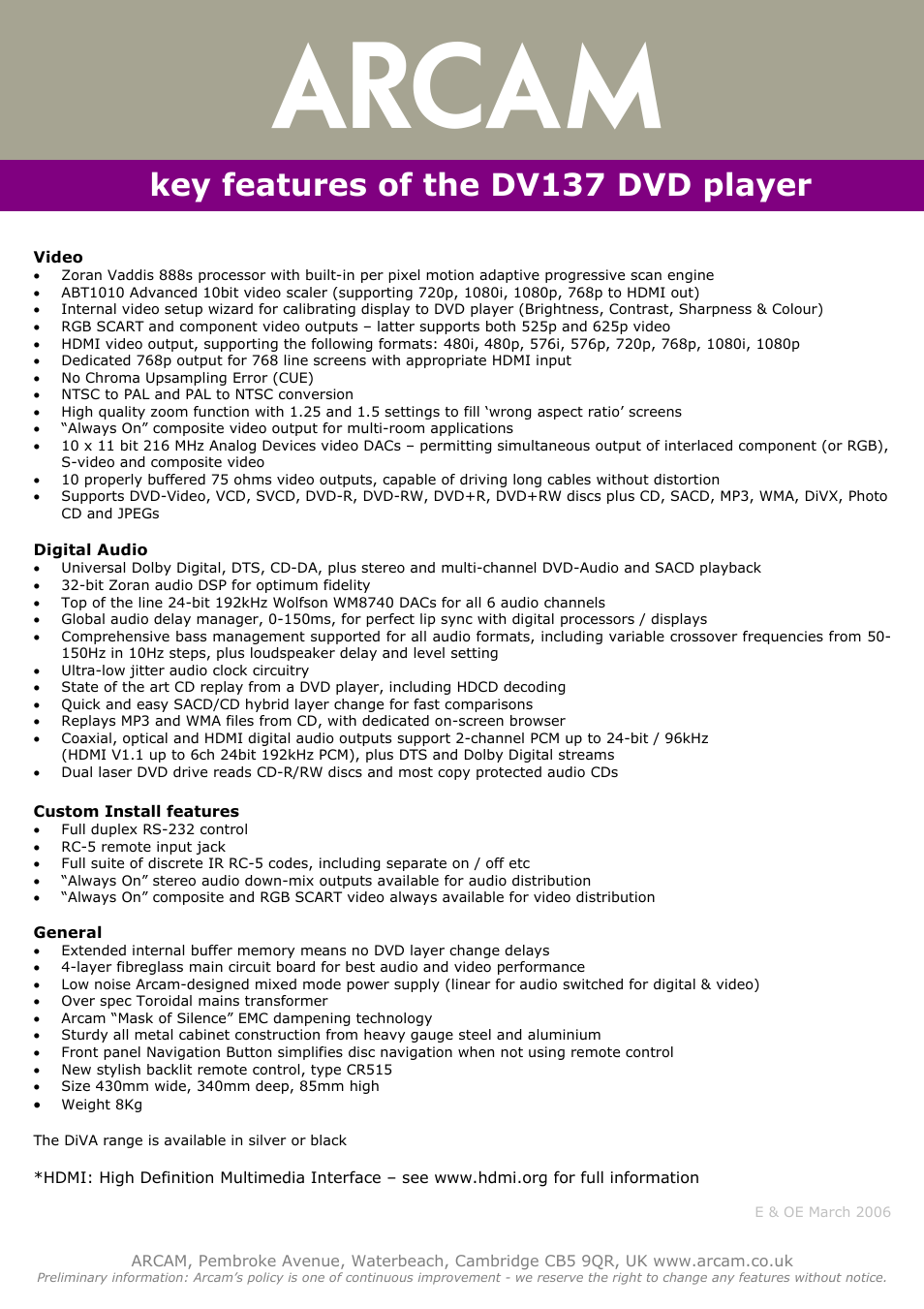 Key features of the dv137 dvd player | Arcam DV137 User Manual | Page 2 / 4