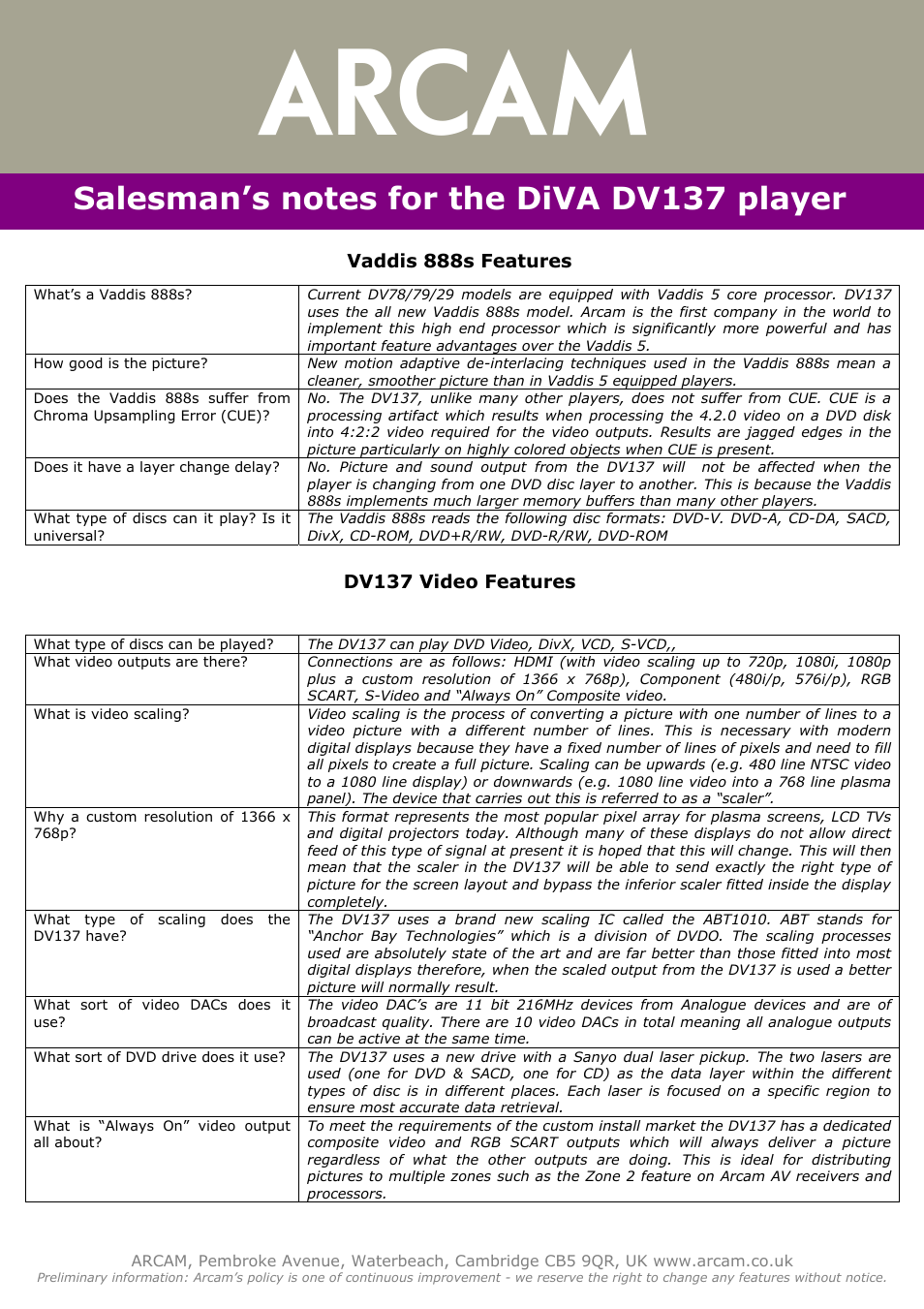 Diva dv137 salesmans notes.pdf | Arcam DV137 User Manual | Page 3 / 4