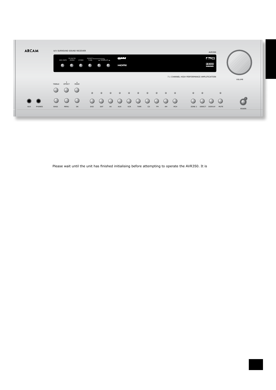 Operating your avr350, Switching on/off, Volume control | Front panel display, En g li s h | Arcam AVR350 User Manual | Page 21 / 38