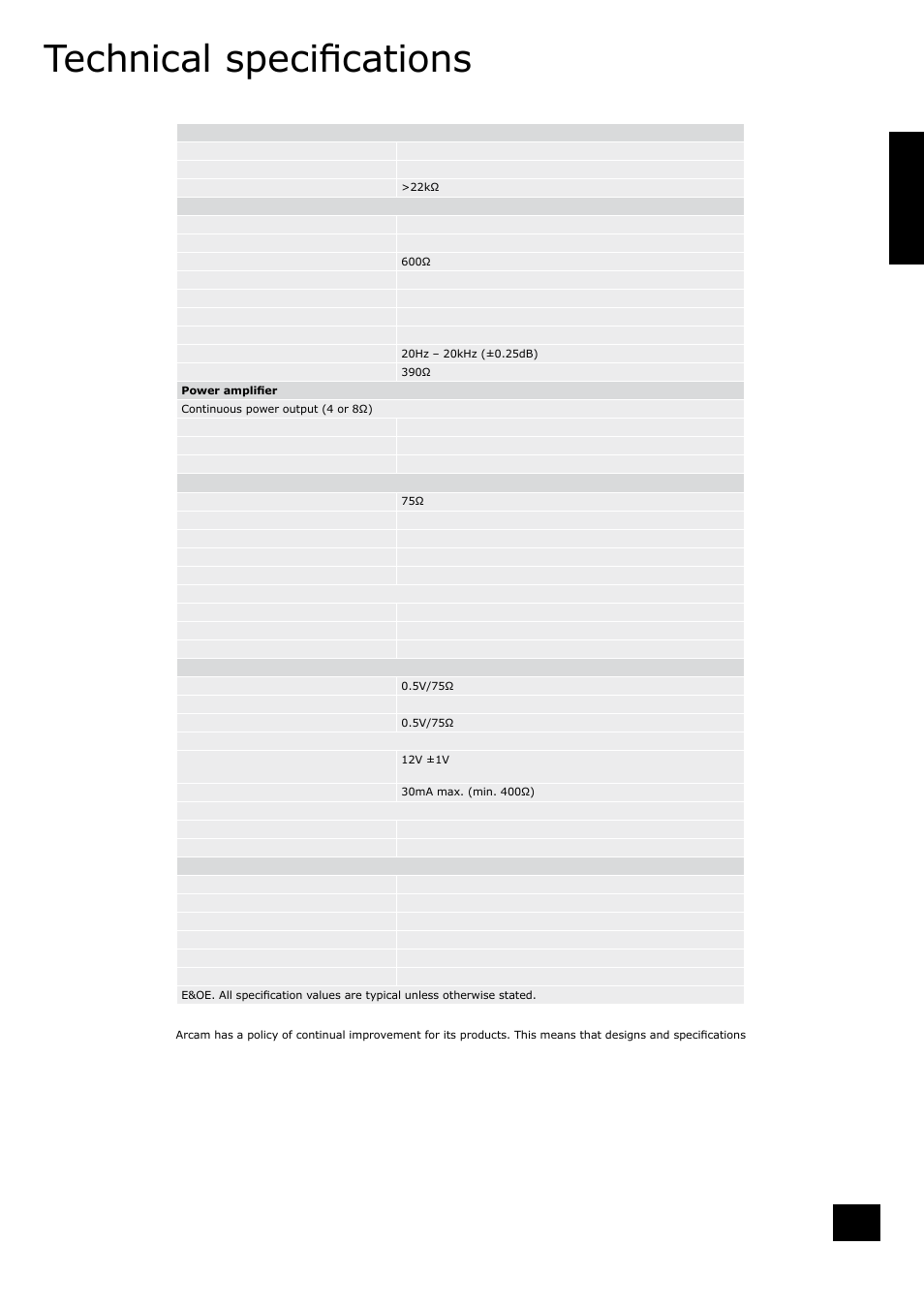 Technical specifications | Arcam AVR350 User Manual | Page 37 / 38