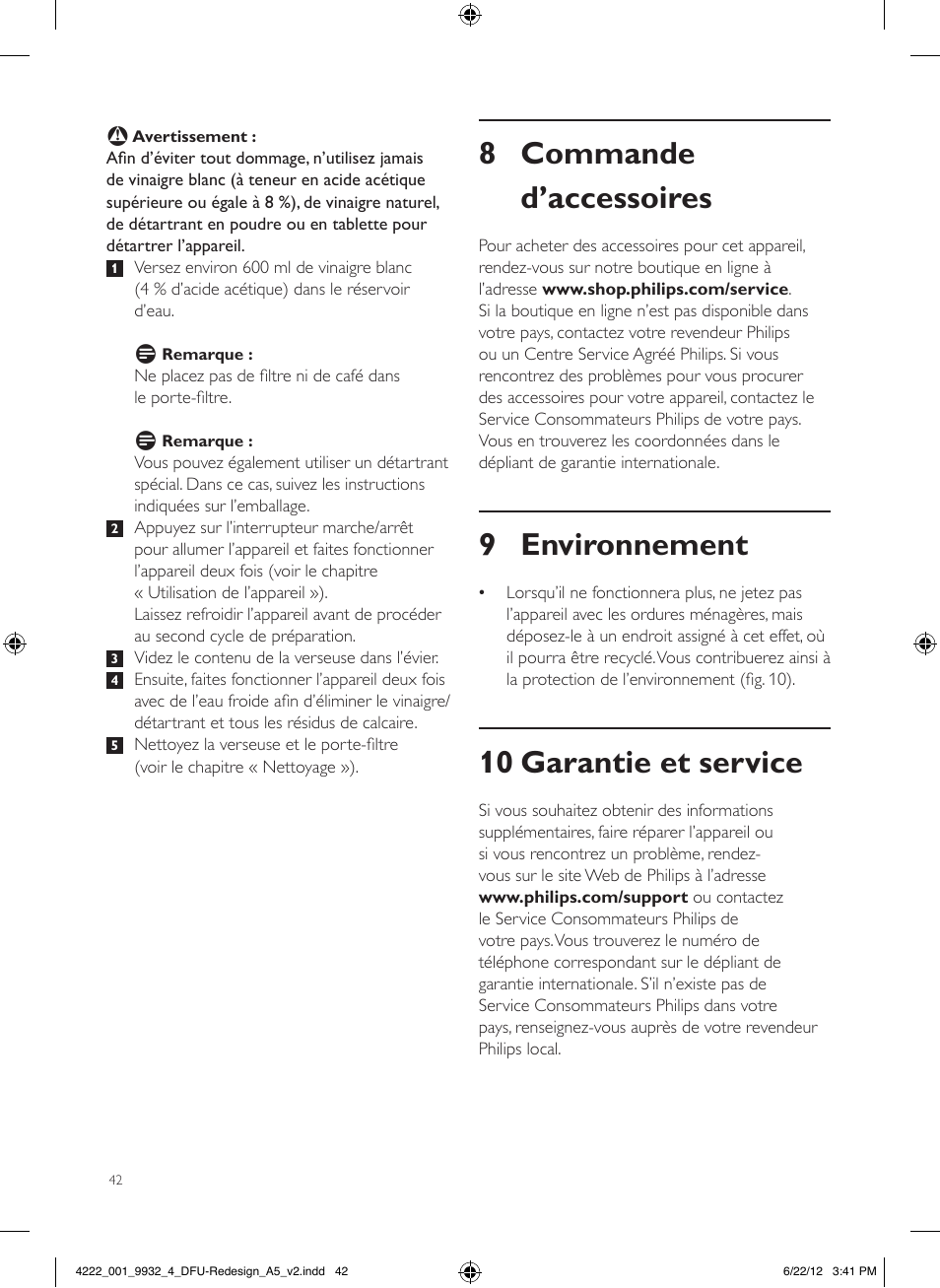8 commande d’accessoires, 9 environnement, 10 garantie et service | Philips Daily Collection Cafetière User Manual | Page 42 / 88