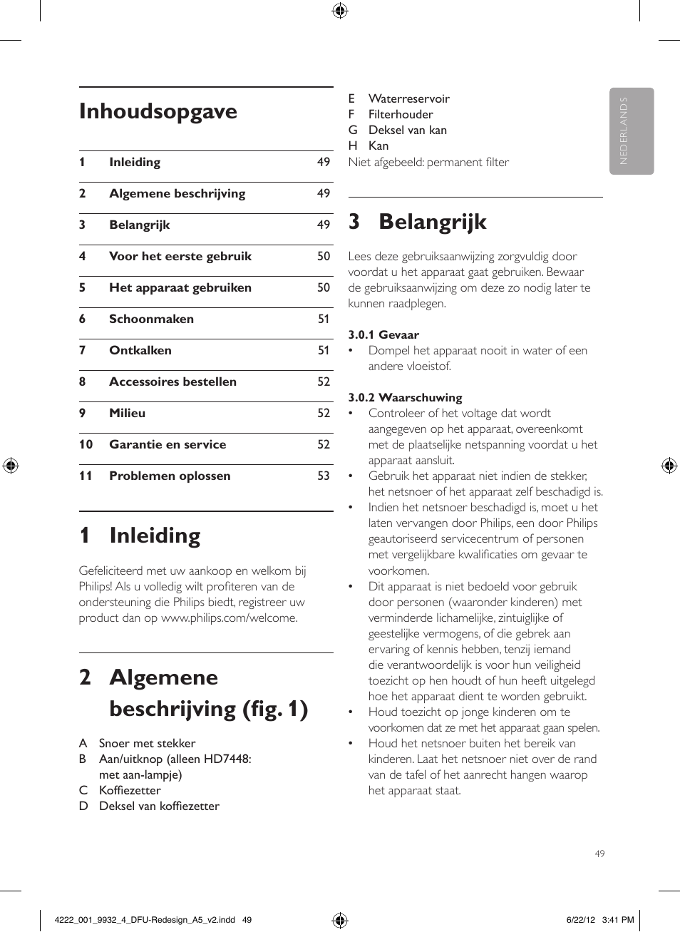 3 belangrijk, Inhoudsopgave, 1 inleiding | 2 algemene beschrijving (fig. 1) | Philips Daily Collection Cafetière User Manual | Page 49 / 88
