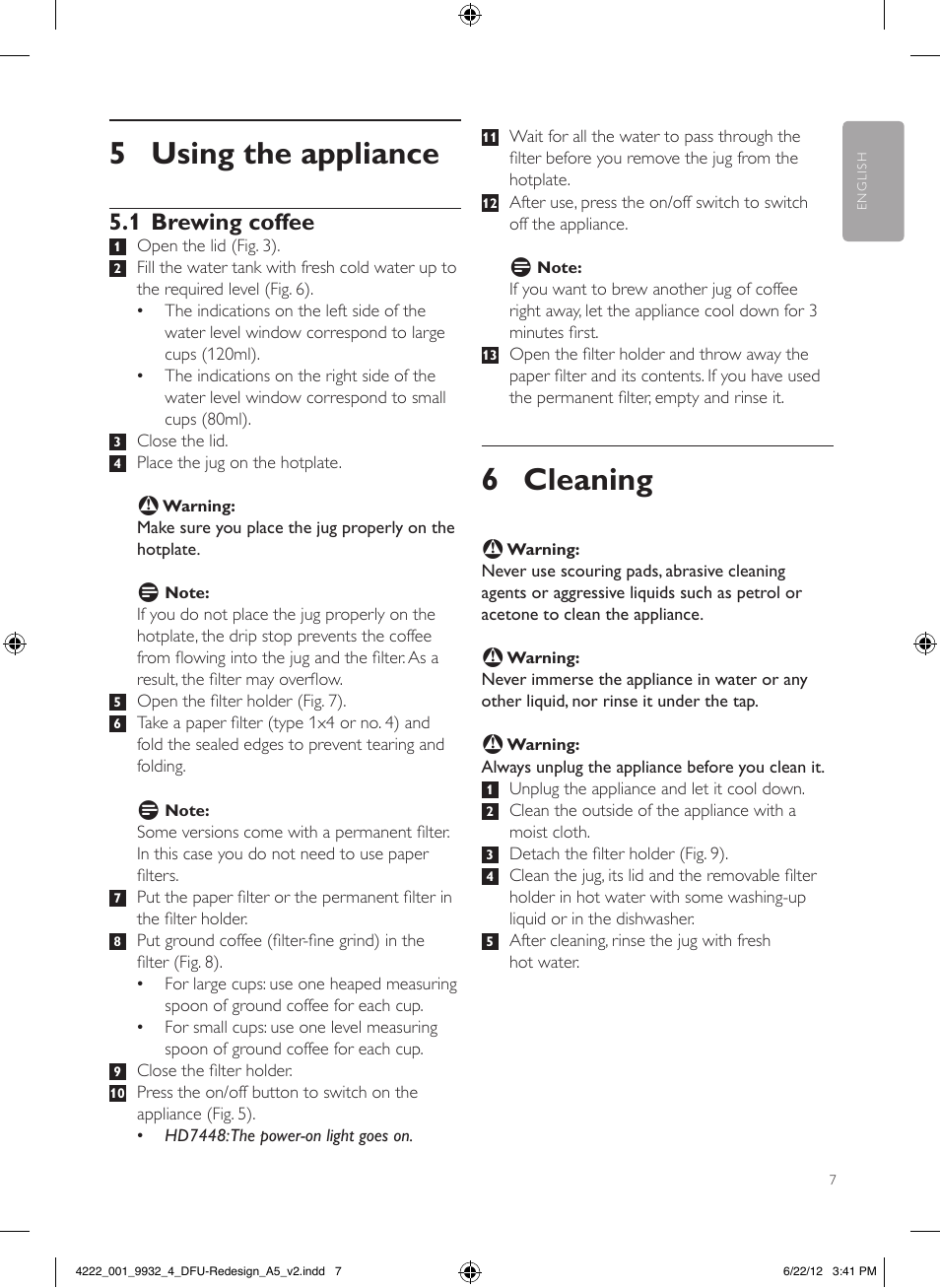 6 cleaning, 5 using the appliance, 1 brewing coffee | Philips Daily Collection Cafetière User Manual | Page 7 / 88