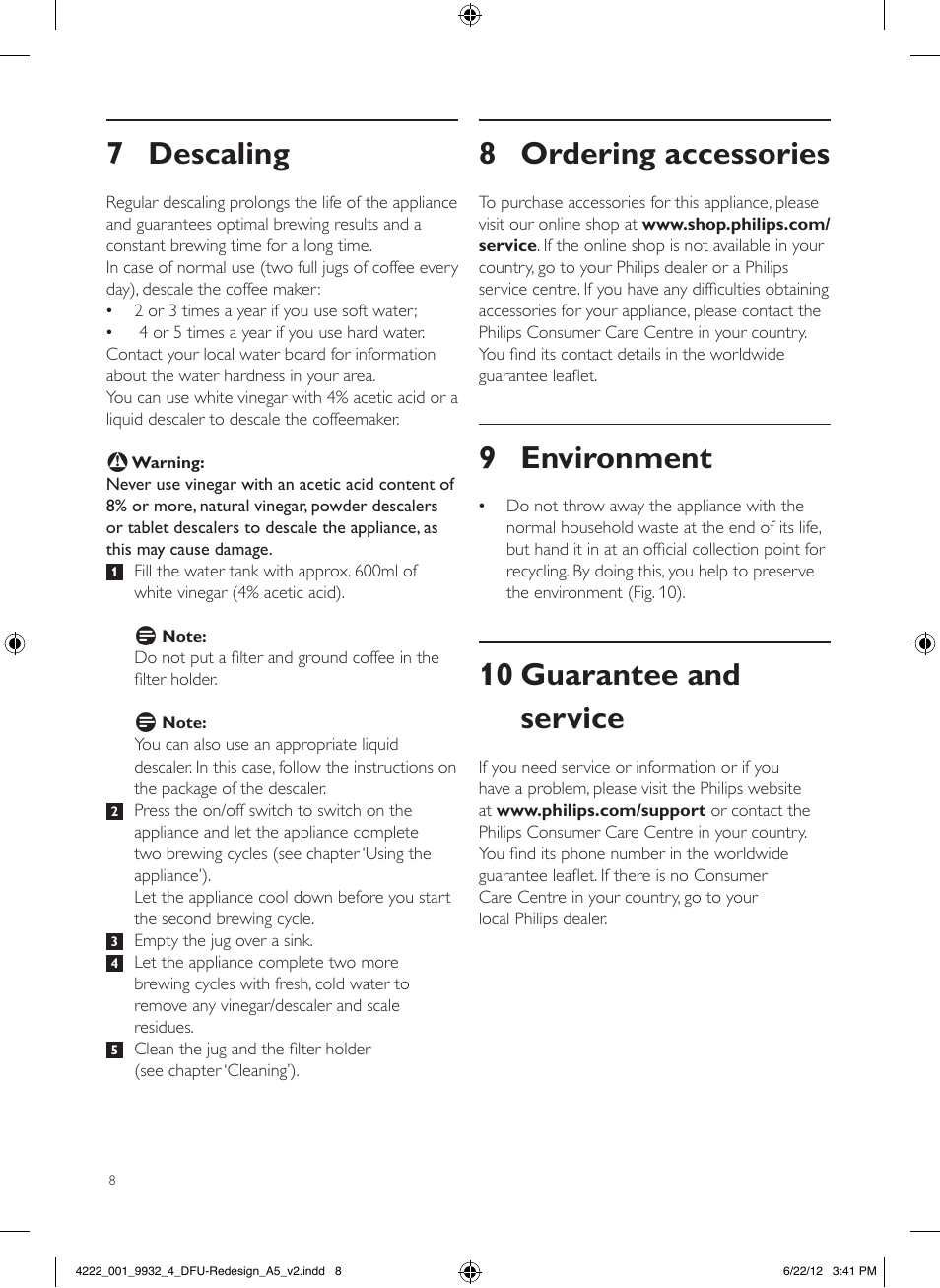 8 ordering accessories, 9 environment, 10 guarantee and service | 7 descaling | Philips Daily Collection Cafetière User Manual | Page 8 / 88