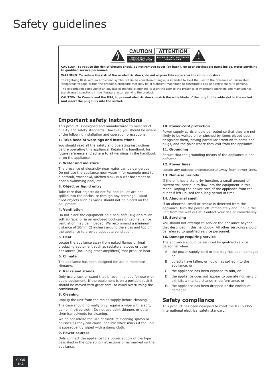 Safety guidelines, English, Attention caution | Important safety instructions, Safety compliance | Arcam Compact Disc Player CD36 User Manual | Page 2 / 9