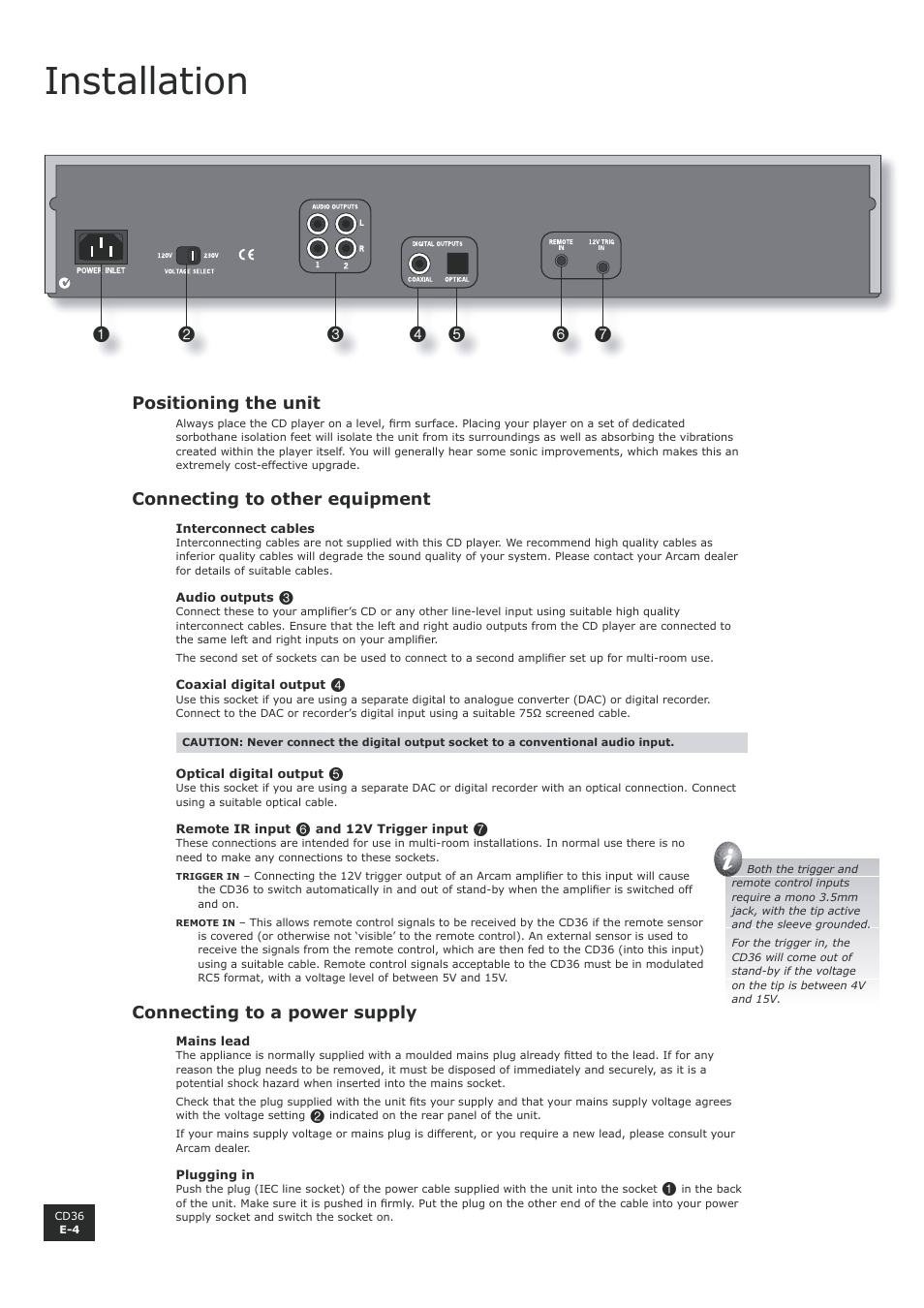 Installation | Arcam Compact Disc Player CD36 User Manual | Page 4 / 9