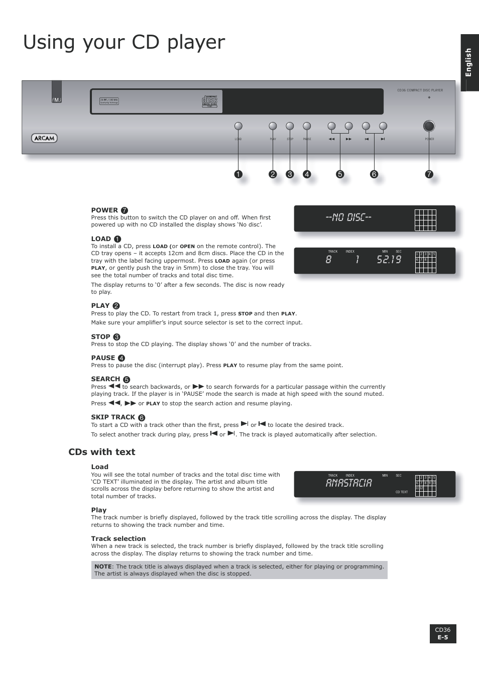 Using your cd player, No disc 52.19, Anastacia | Cds with text | Arcam Compact Disc Player CD36 User Manual | Page 5 / 9