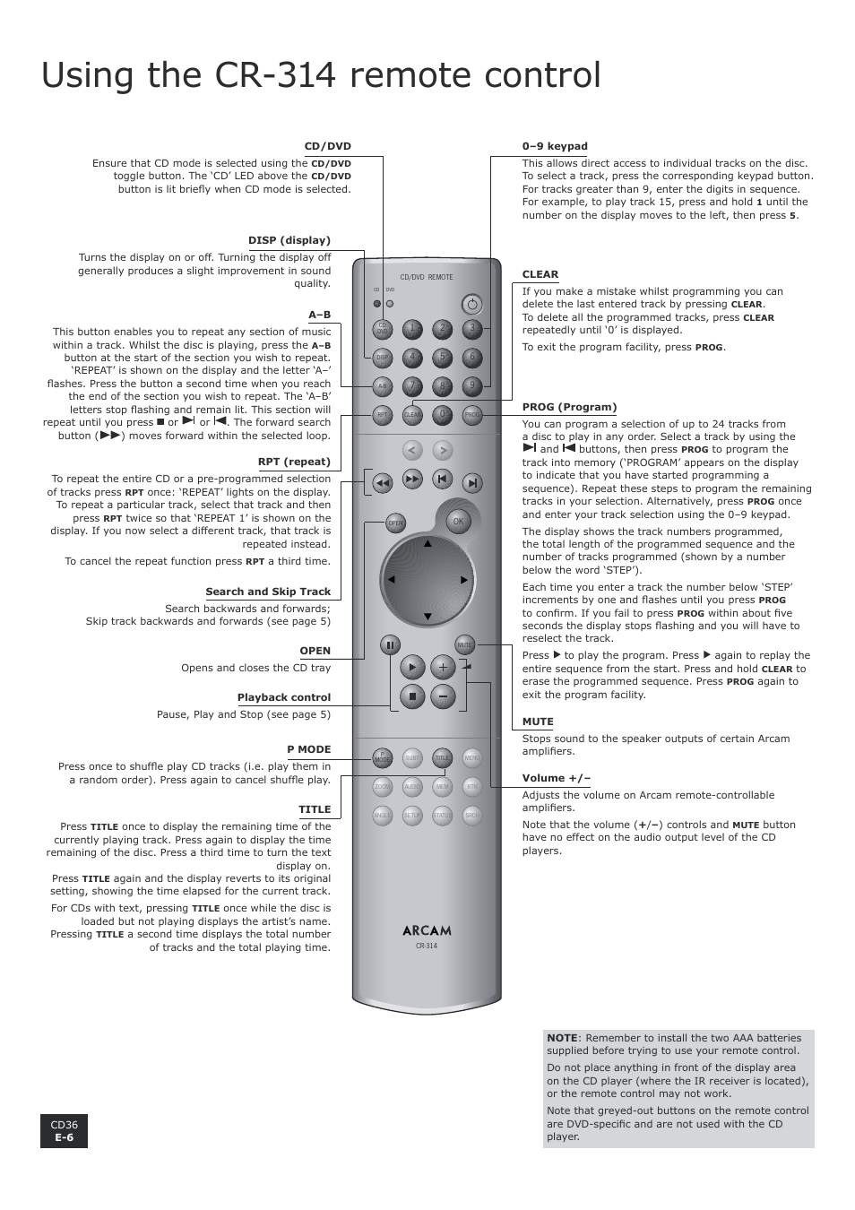 Using the cr-314 remote control, English, En g li sh | Arcam Compact Disc Player CD36 User Manual | Page 6 / 9