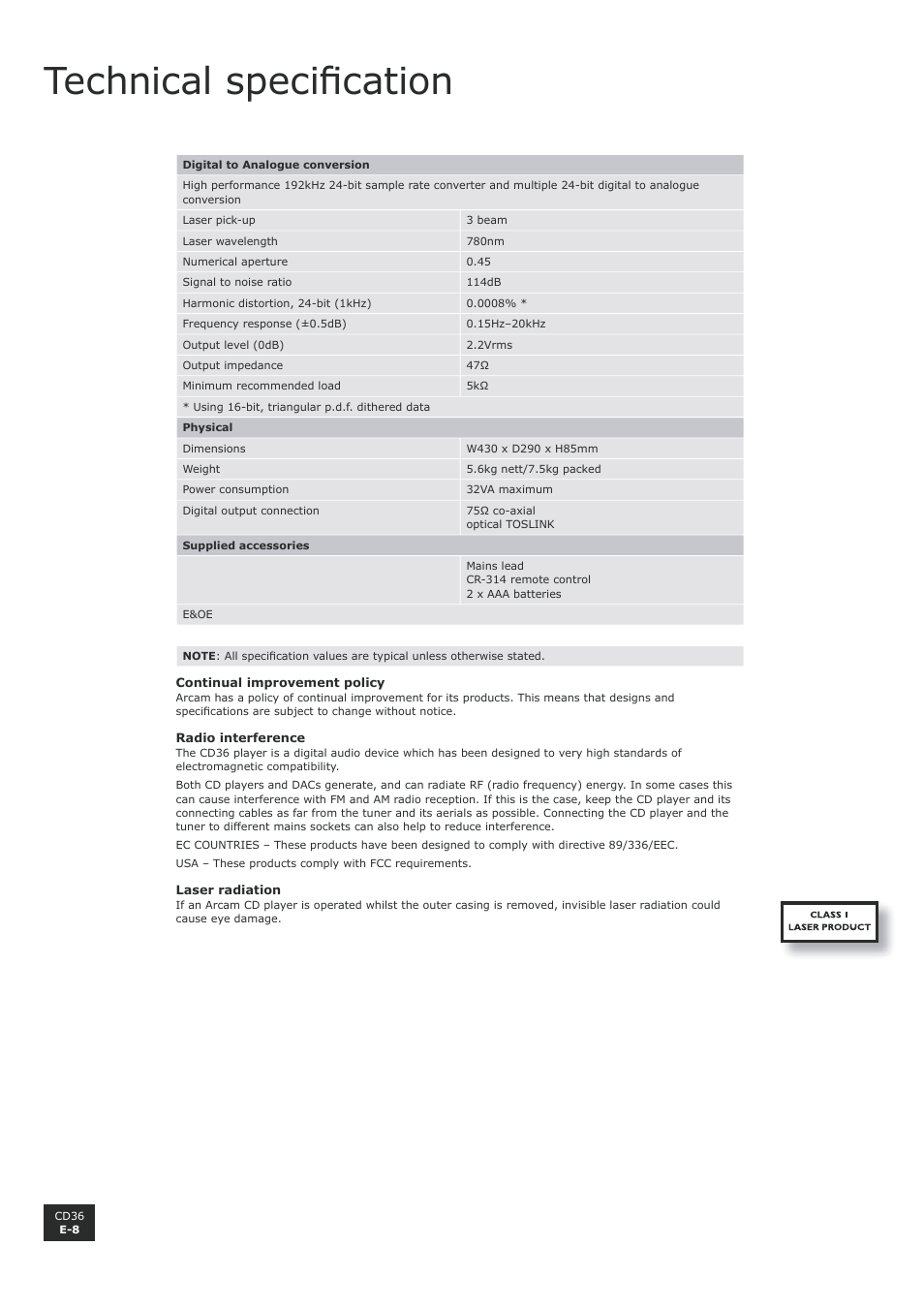 Technical specifi cation | Arcam Compact Disc Player CD36 User Manual | Page 8 / 9