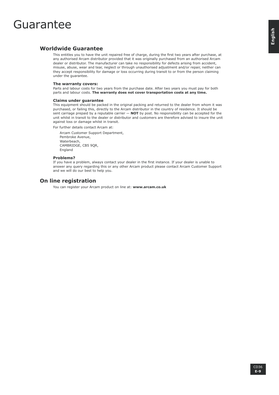 Guarantee | Arcam Compact Disc Player CD36 User Manual | Page 9 / 9