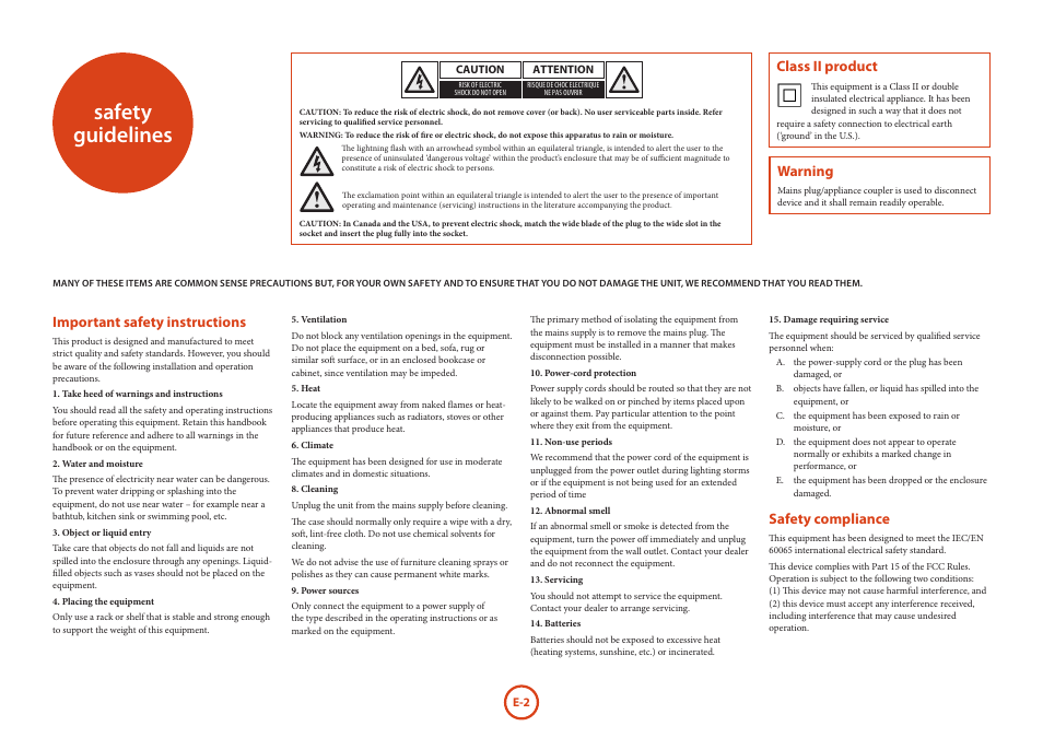 Safety guidelines, Important safety instructions, Safety compliance | Class ii product, Warning | Arcam FMJ CD17 User Manual | Page 2 / 11