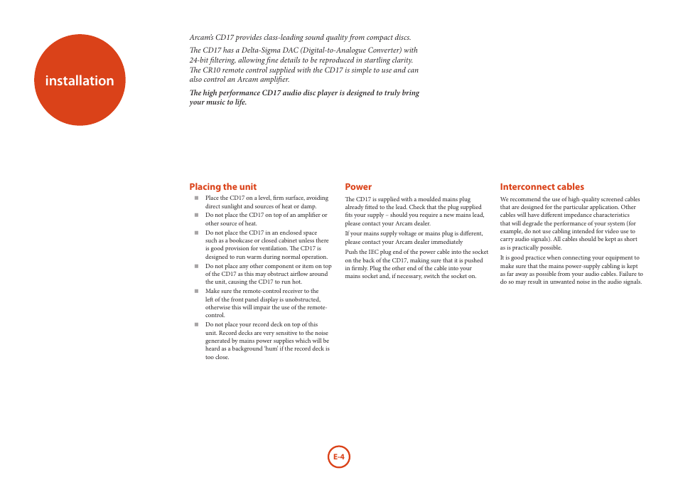 Installation | Arcam FMJ CD17 User Manual | Page 4 / 11