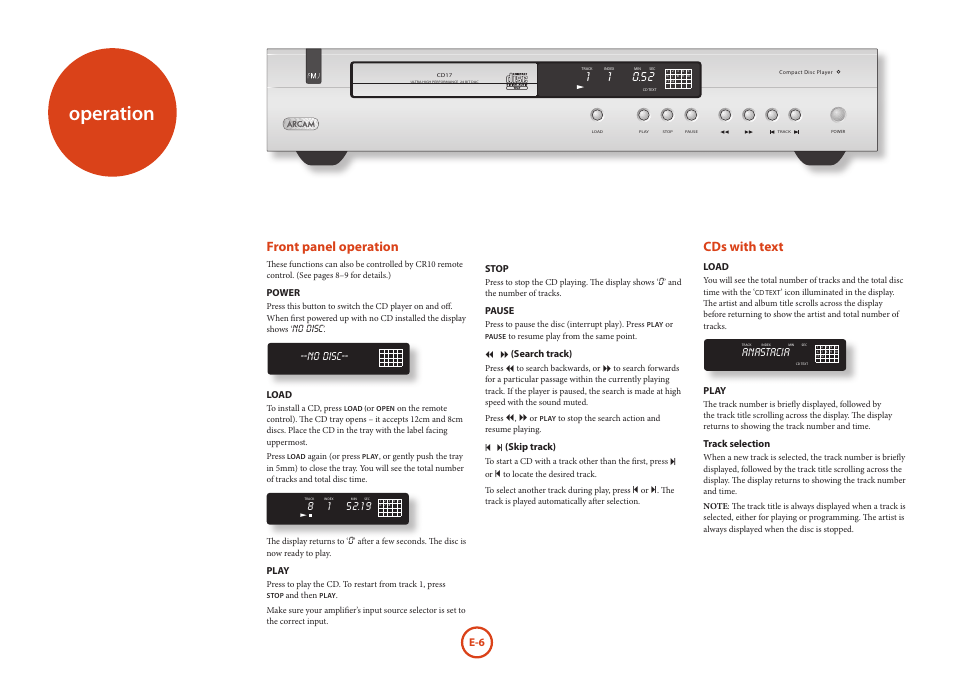 Operation, Front panel operation, Cds with text | Arcam FMJ CD17 User Manual | Page 6 / 11