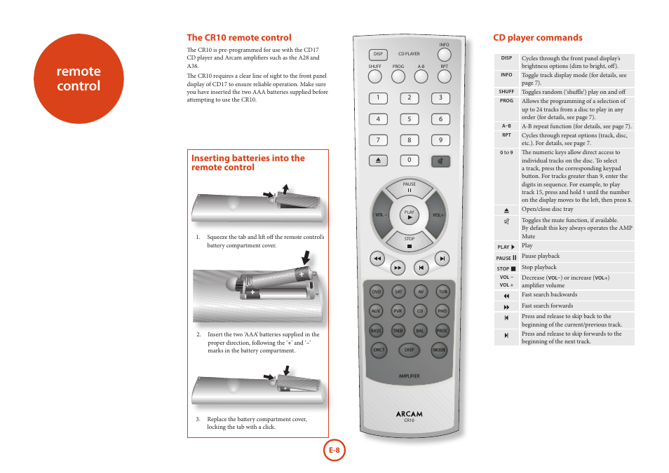 Remote control, The cr10 remote control, Cd player commands | Inserting batteries into the remote control | Arcam FMJ CD17 User Manual | Page 8 / 11