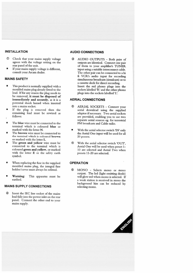 Mains safety, Mains supply connections, Aerial connections | Operation | Arcam Delta 280 User Manual | Page 5 / 7