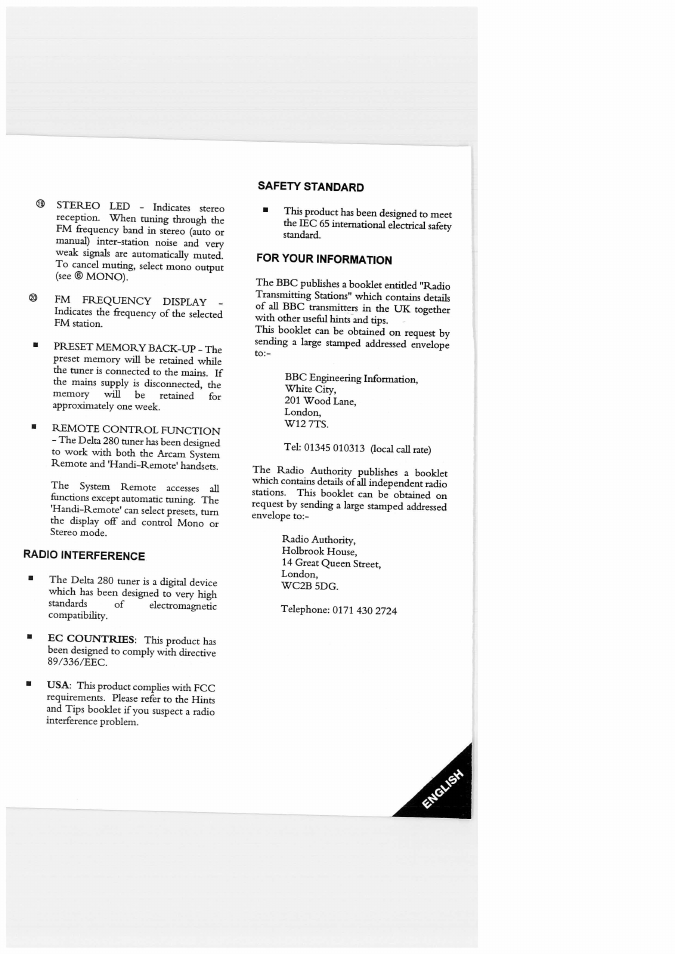 Safety standard, Radio interference, For your information | Arcam Delta 280 User Manual | Page 6 / 7