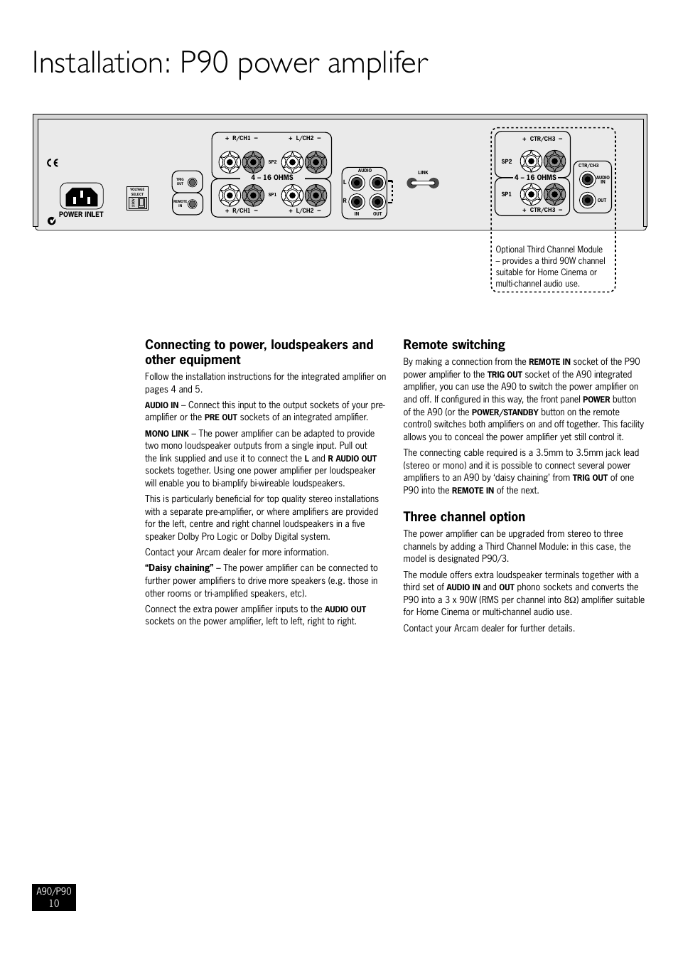Installation: p90 power amplifer, Remote switching, Three channel option | 10 remote switching, 10 three channel option | Arcam Amplifiers P90/3 User Manual | Page 10 / 15