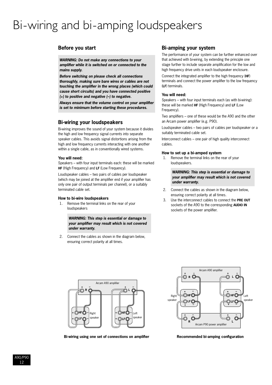 Bi-wiring and bi-amping loudspeakers, Before you start, Bi-wiring your loudspeakers | Bi-amping your system, 12 bi-wiring your loudspeakers, 12 bi-amping your system | Arcam Amplifiers P90/3 User Manual | Page 12 / 15