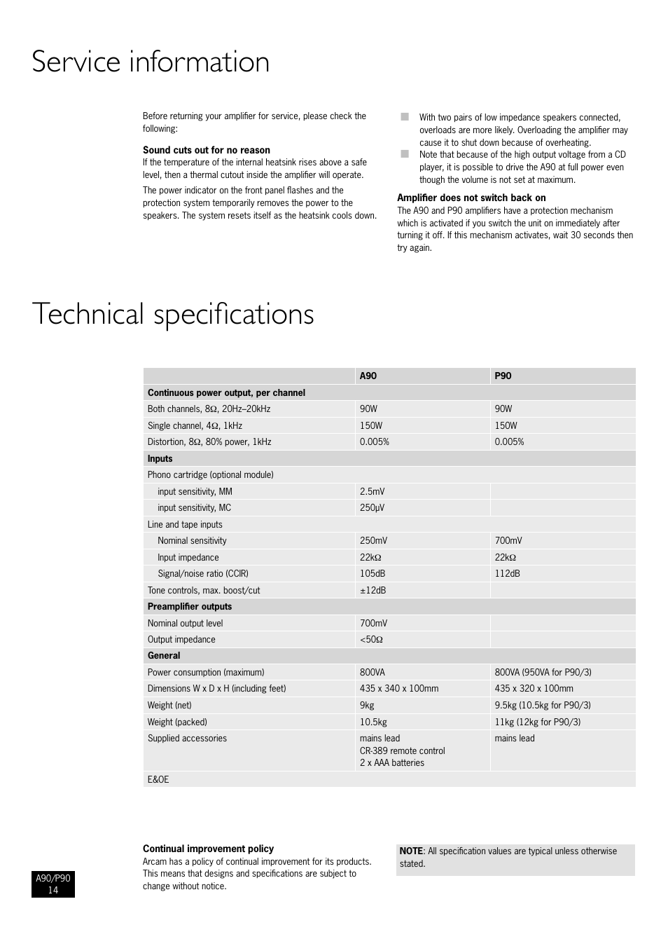 Service information, Technical specifications, 14 technical specifications | Arcam Amplifiers P90/3 User Manual | Page 14 / 15