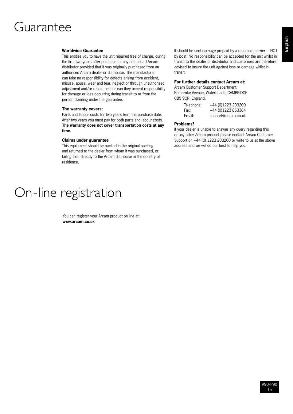 Guarantee, On-line registration, 15 on-line registration | Guarantee on-line registration | Arcam Amplifiers P90/3 User Manual | Page 15 / 15