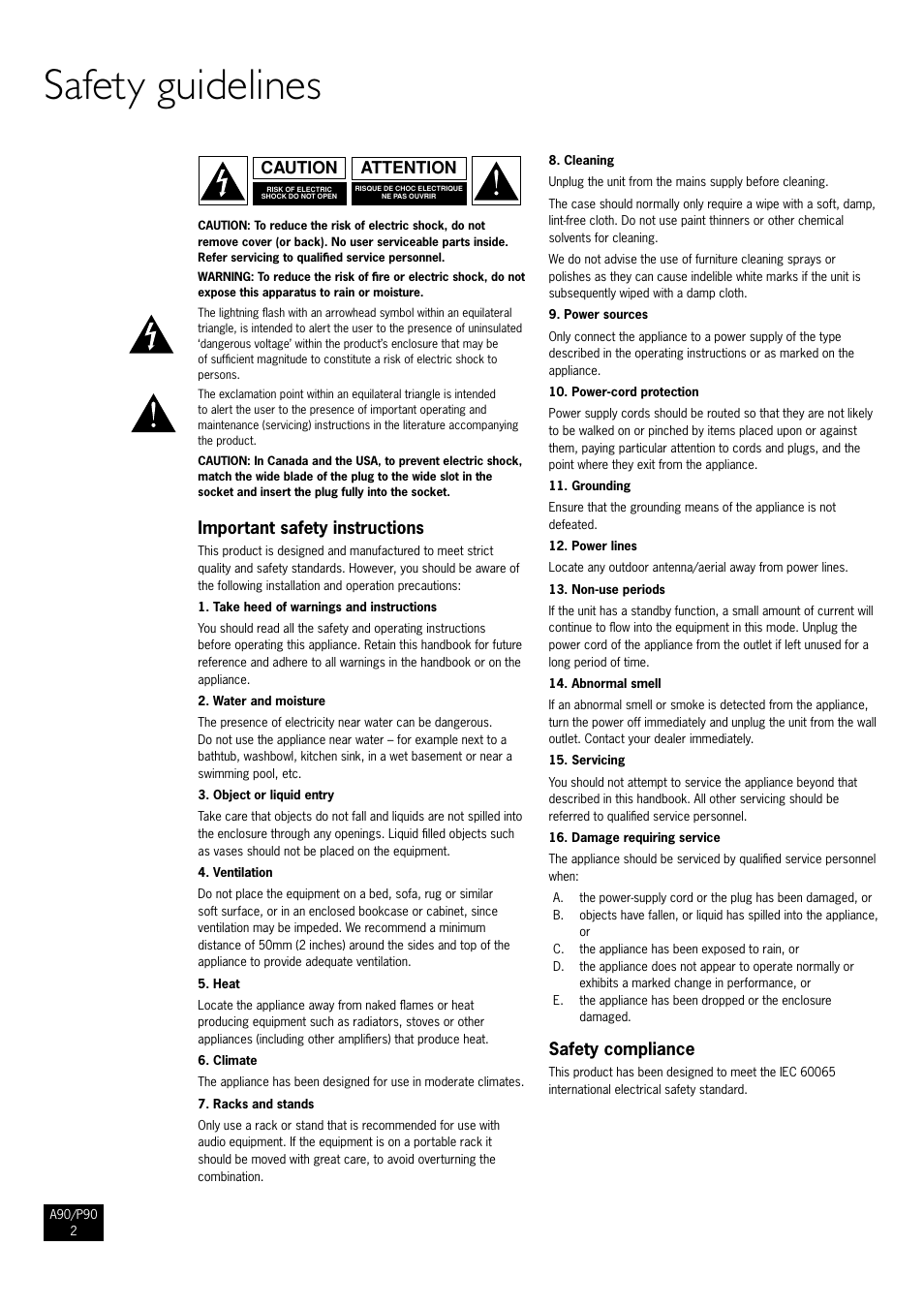 Safety guidelines, Important safety instructions, Safety compliance | Attention caution | Arcam Amplifiers P90/3 User Manual | Page 2 / 15