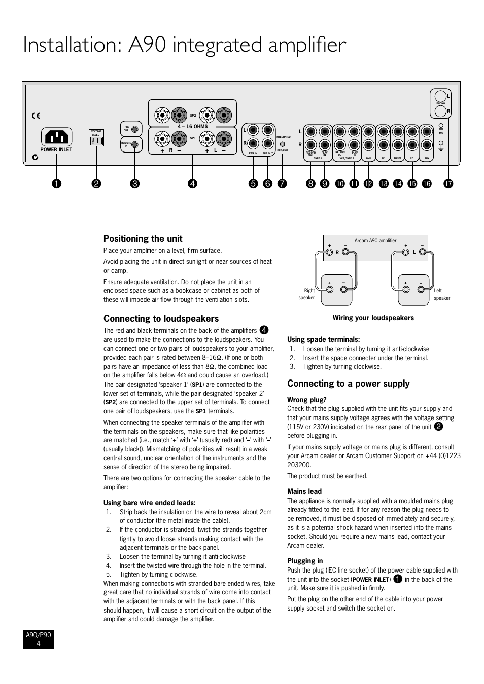Installation: a90 integrated amplifier, Positioning the unit, Connecting to loudspeakers | Connecting to a power supply, 4 connecting to loudspeakers, 4 connecting to a power supply | Arcam Amplifiers P90/3 User Manual | Page 4 / 15