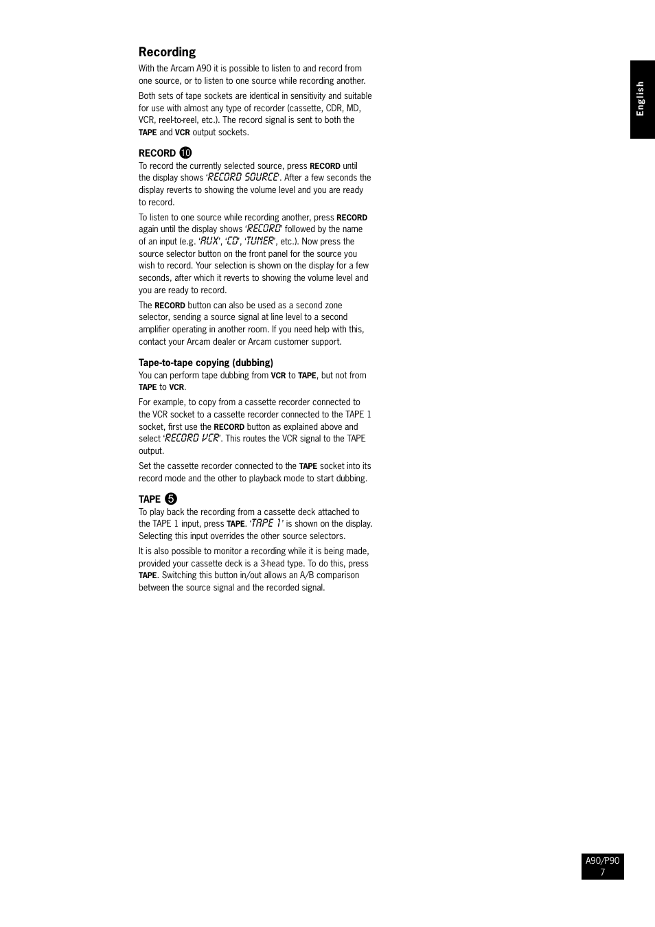 Recording | Arcam Amplifiers P90/3 User Manual | Page 7 / 15