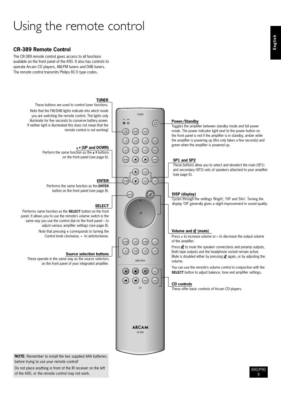 Using the remote control, Cr-389 remote control | Arcam Amplifiers P90/3 User Manual | Page 9 / 15