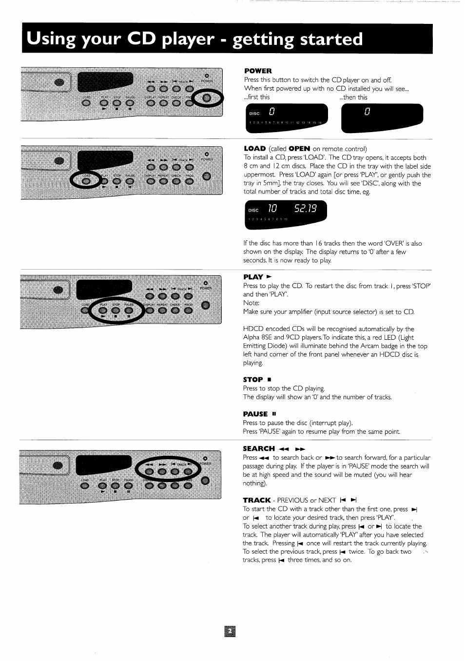 Using your cd player - getting started, Power, Play | Stop, Pause, Search, O o o o, O o o, O co o o | Arcam 8SE User Manual | Page 3 / 8