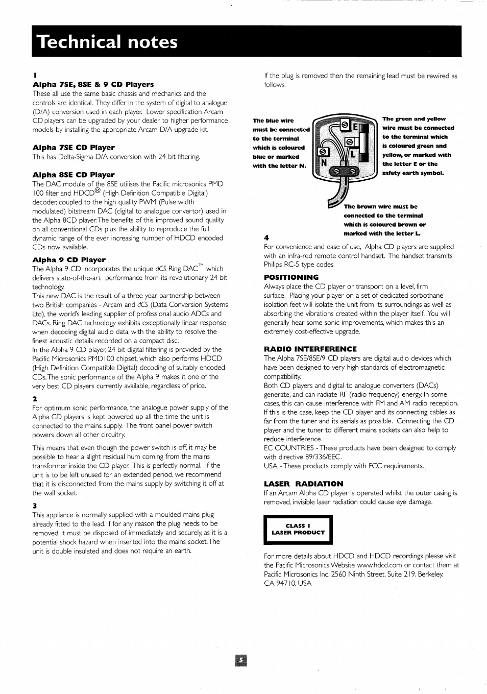 Technical notes, Alpha 7se cd player, Alpha 8se cd player | Positioning, Radio interference, Laser radiation | Arcam 8SE User Manual | Page 6 / 8
