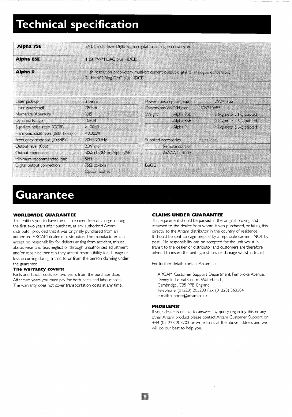 Technical specification, Guarantee, Worldwide guarantee | Claims under guarantee, Problems | Arcam 8SE User Manual | Page 7 / 8