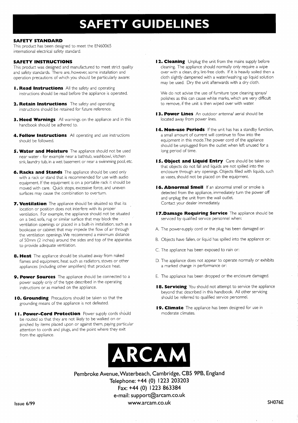 Safety standard, Safety instructions, Arcam | Safety guidelines | Arcam 8SE User Manual | Page 8 / 8