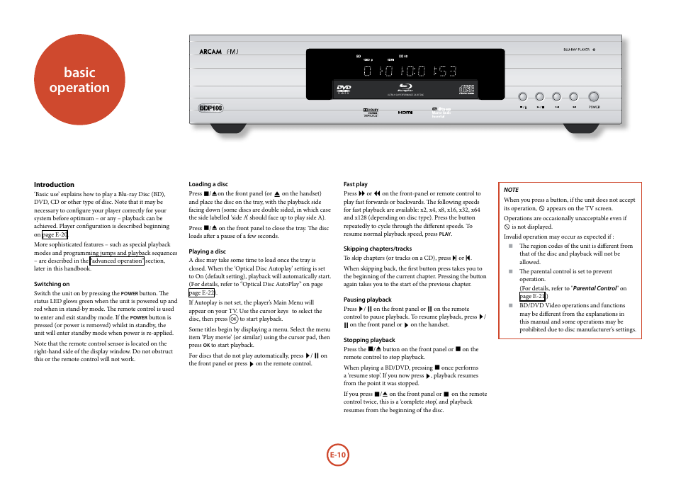 Basic operation | Arcam FMJ Blue Ray Disc Player BDP100 User Manual | Page 10 / 36