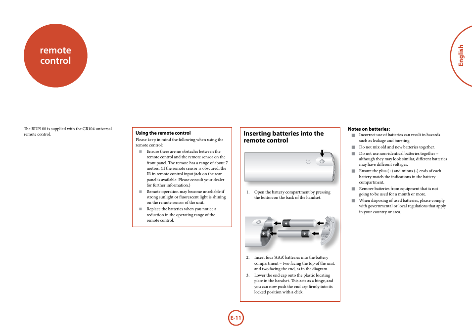 Remote control | Arcam FMJ Blue Ray Disc Player BDP100 User Manual | Page 11 / 36