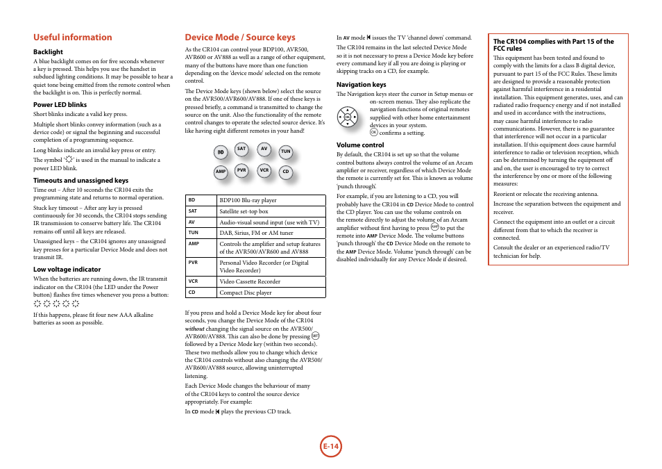 Useful information, Device mode / source keys | Arcam FMJ Blue Ray Disc Player BDP100 User Manual | Page 14 / 36