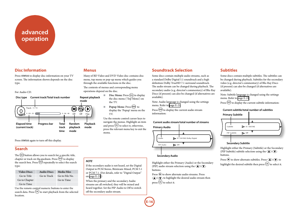 Advanced operation, Subtitles, Disc information | Search, Menus, Soundtrack selection | Arcam FMJ Blue Ray Disc Player BDP100 User Manual | Page 16 / 36