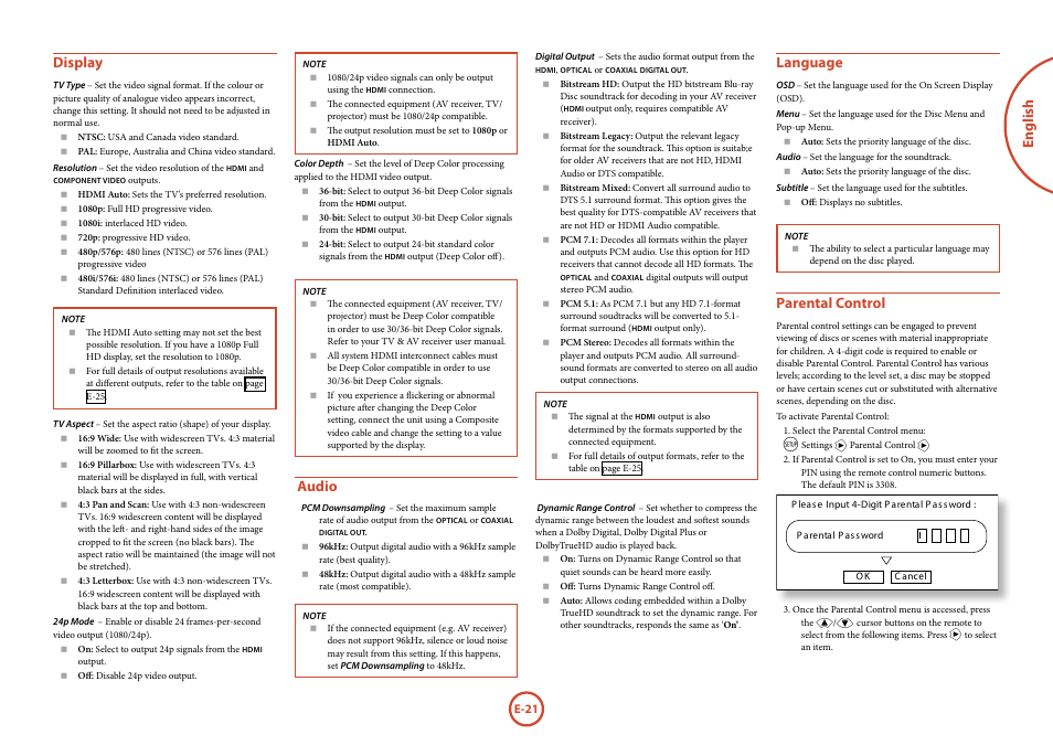 English, Display, Audio | Language, Parental control | Arcam FMJ Blue Ray Disc Player BDP100 User Manual | Page 21 / 36