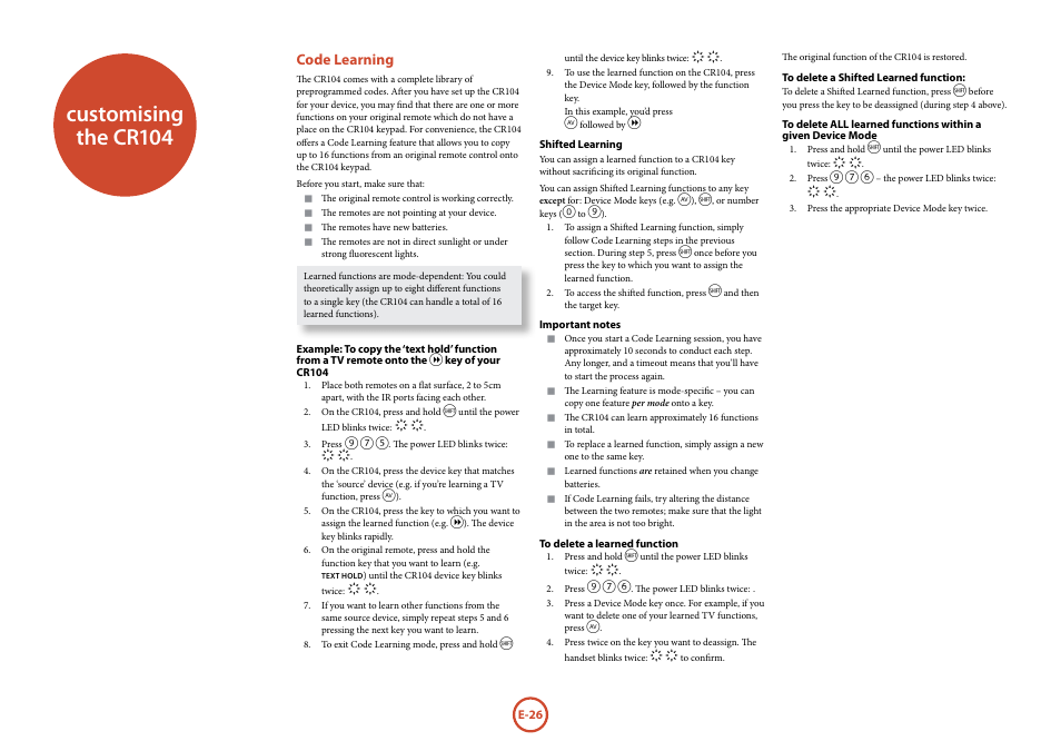 Customising the cr104, Code learning | Arcam FMJ Blue Ray Disc Player BDP100 User Manual | Page 26 / 36