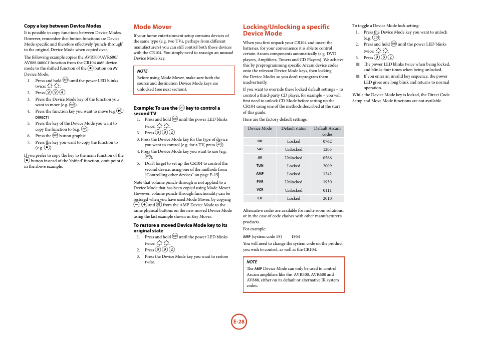 Mode mover, Locking/unlocking a specific device mode | Arcam FMJ Blue Ray Disc Player BDP100 User Manual | Page 28 / 36