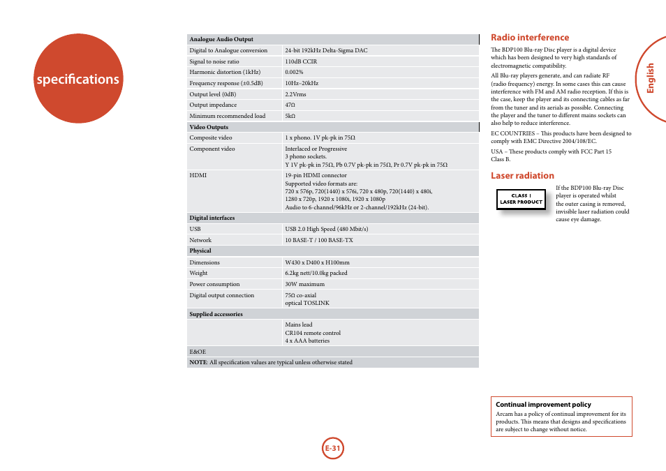 Specifications, English, Radio interference | Laser radiation | Arcam FMJ Blue Ray Disc Player BDP100 User Manual | Page 31 / 36