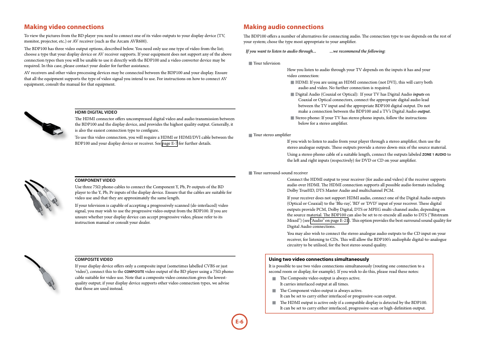 Making video connections, Making audio connections | Arcam FMJ Blue Ray Disc Player BDP100 User Manual | Page 6 / 36