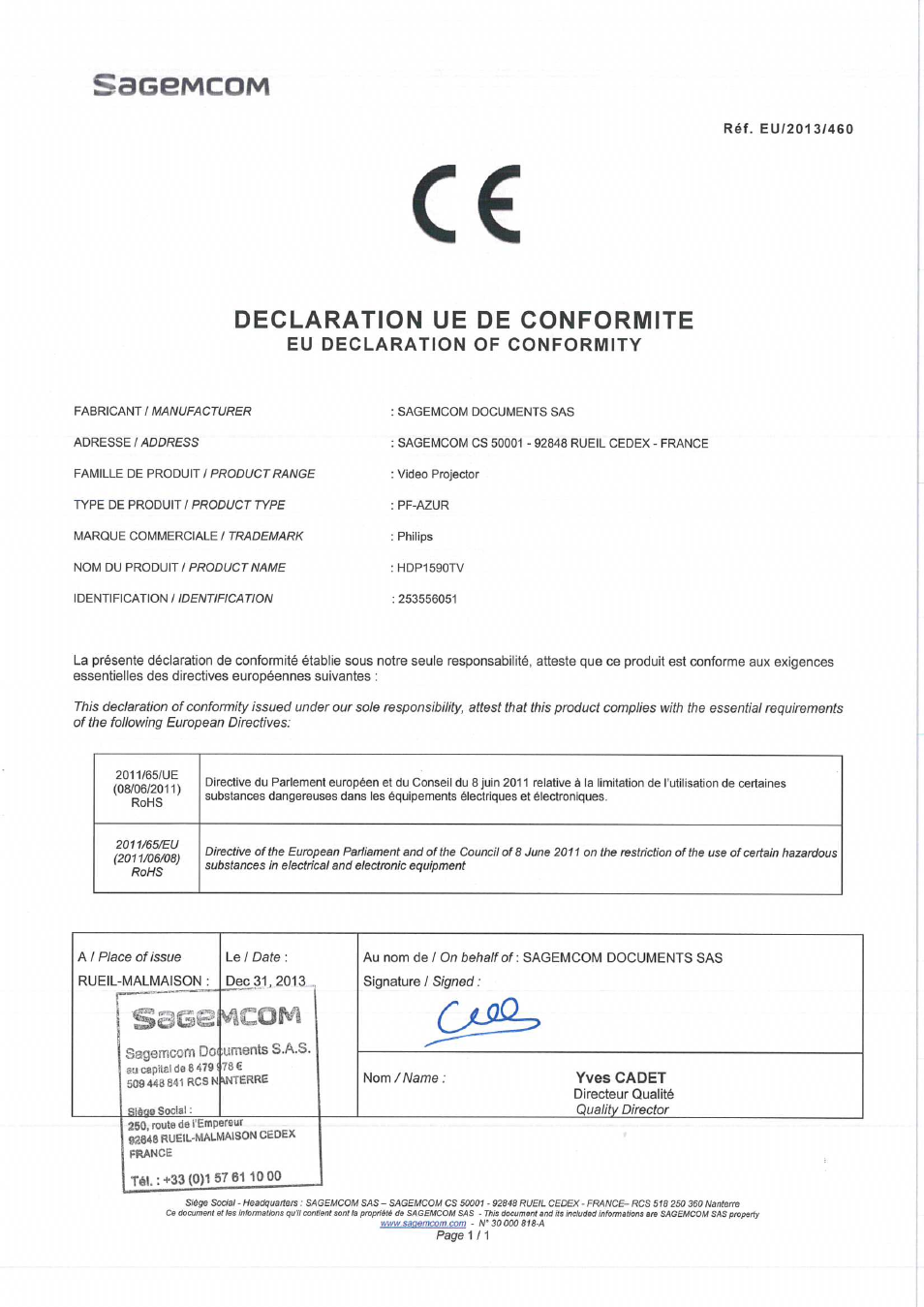 Saggmcom, Declaration ue de conformite, Eu declaration of conformity | Philips Projecteur LED intelligent Screeneo User Manual | Page 3 / 3