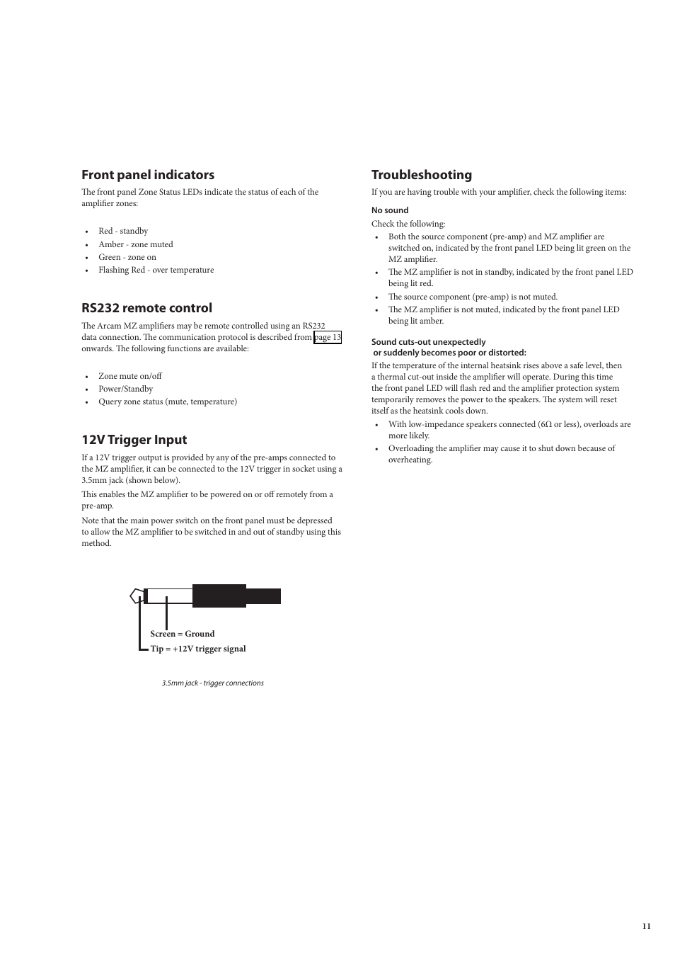 Front panel indicators, Rs232 remote control, 12v trigger input | Troubleshooting | Arcam MULTI ZONE POWER AMPLIFIER MZ8 User Manual | Page 11 / 18