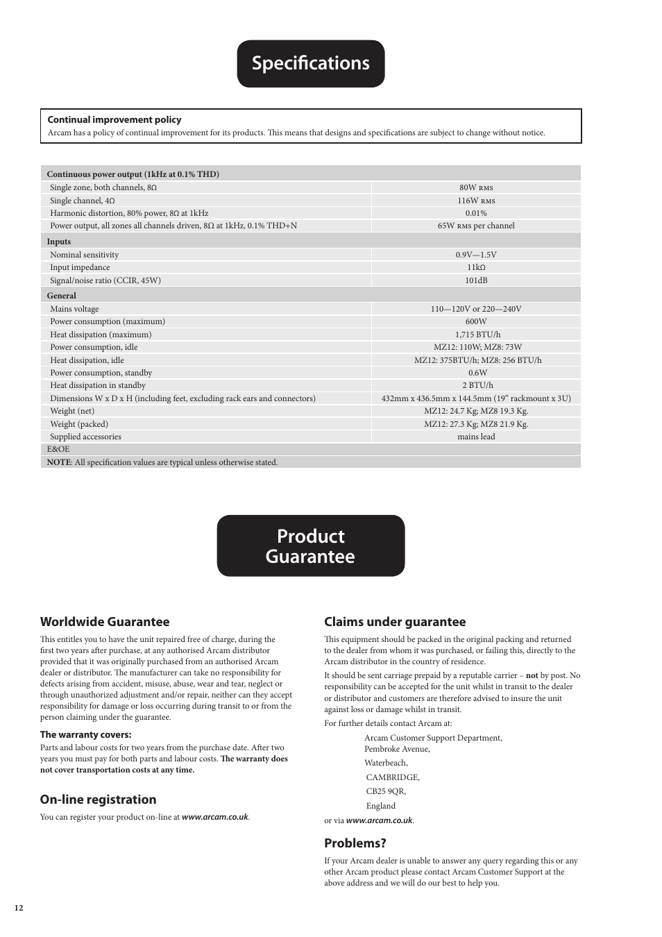 Product guarantee, Specifications, Product guarantee specifications | Specifications product guarantee, Worldwide guarantee, Claims under guarantee, Problems, On-line registration | Arcam MULTI ZONE POWER AMPLIFIER MZ8 User Manual | Page 12 / 18