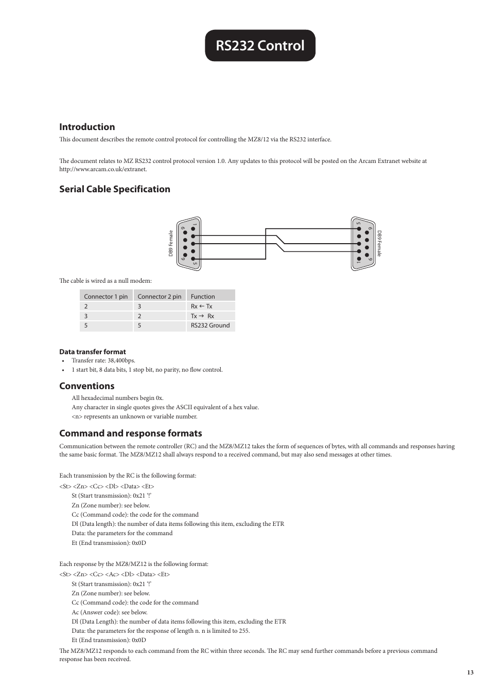 Rs232 control, Introduction, Serial cable specification | Conventions, Command and response formats, Serial cable specification introduction | Arcam MULTI ZONE POWER AMPLIFIER MZ8 User Manual | Page 13 / 18