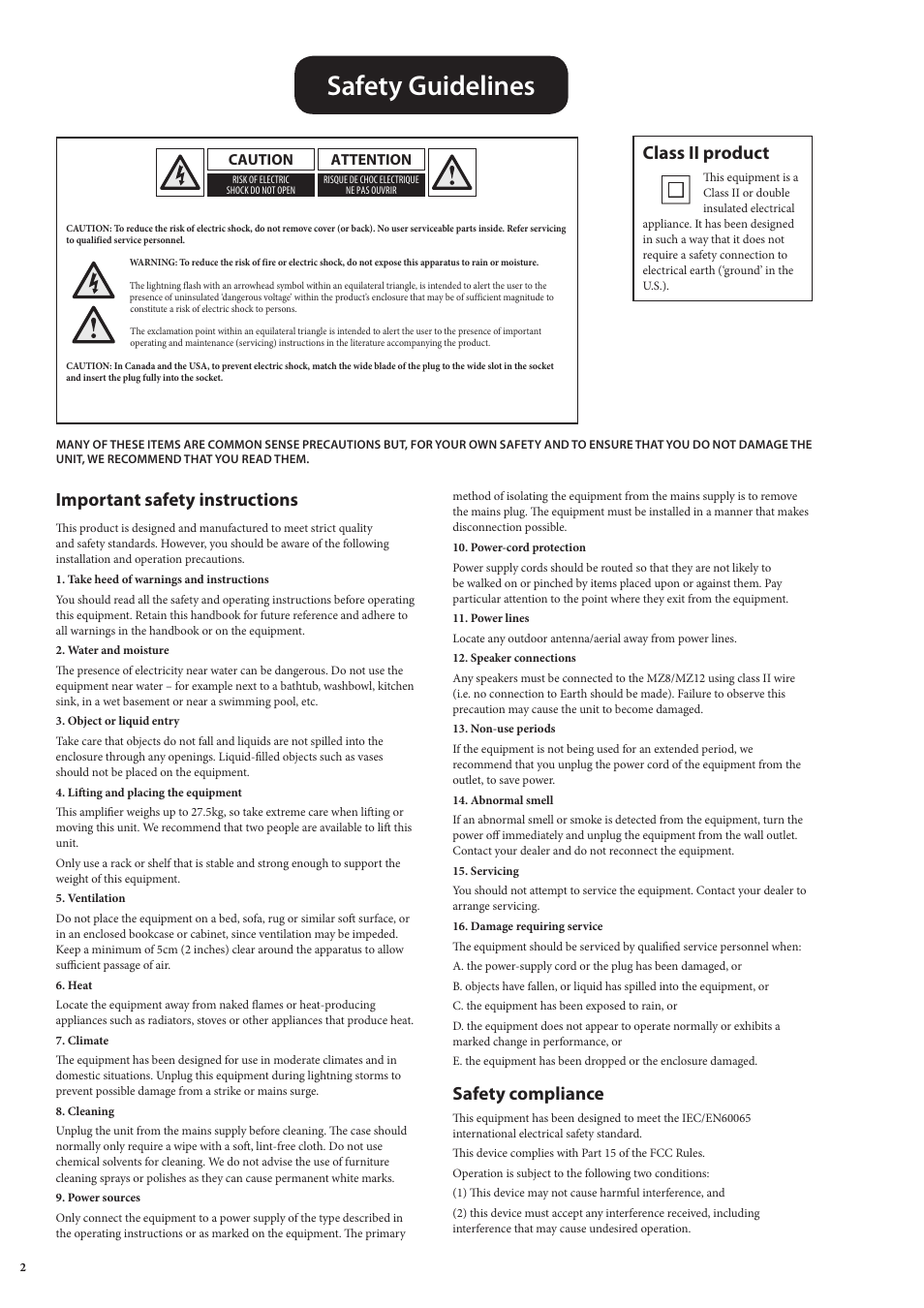 Safety guidelines, Safety compliance, Important safety instructions | Class ii product, Caution, Attention | Arcam MULTI ZONE POWER AMPLIFIER MZ8 User Manual | Page 2 / 18